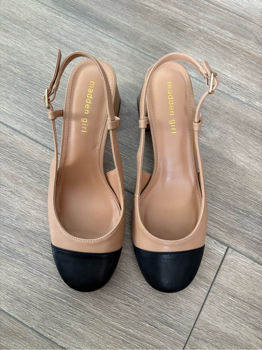 Madden Girl Nude and Black Slingback Cap-Toe Pumps